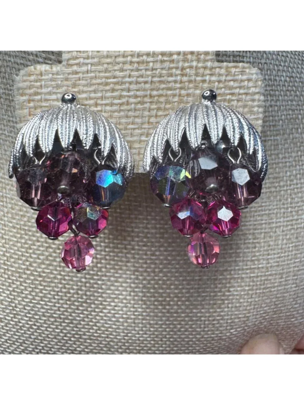 Vintage Grape Silver-Tone Clip-On Earrings Purple Crystal Beads Floral Design